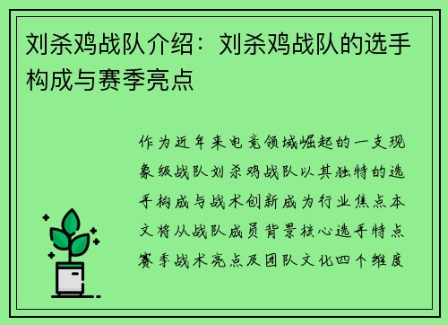 刘杀鸡战队介绍：刘杀鸡战队的选手构成与赛季亮点